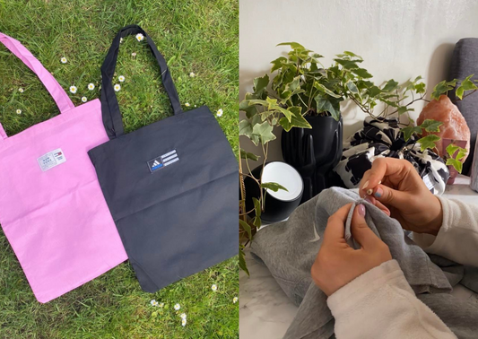 pink and black tote bag on grass and hands repairing a jumper