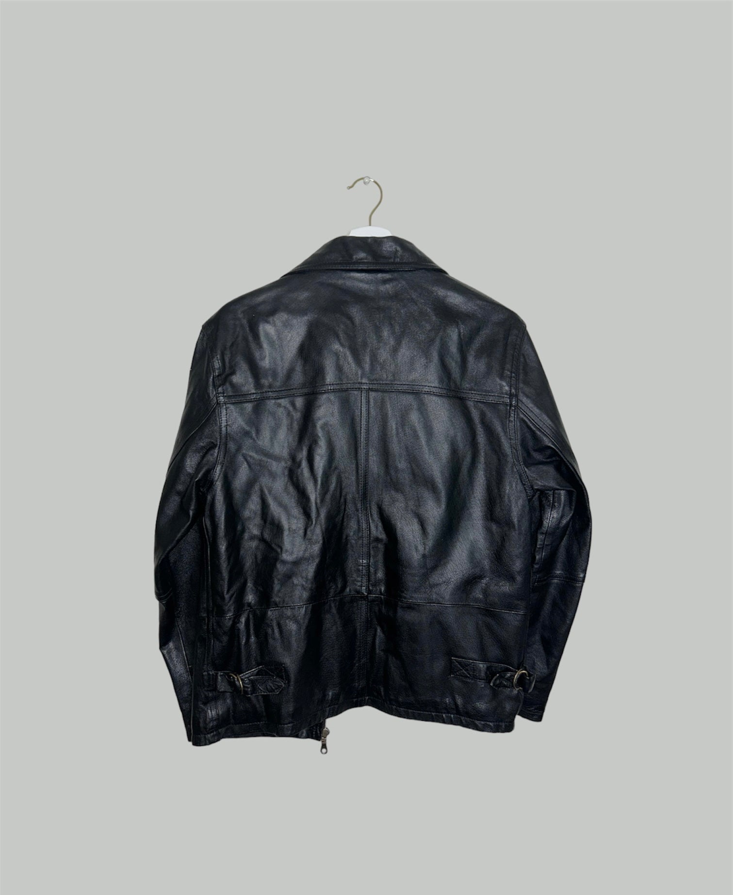 back of a black real leather bomber jacket