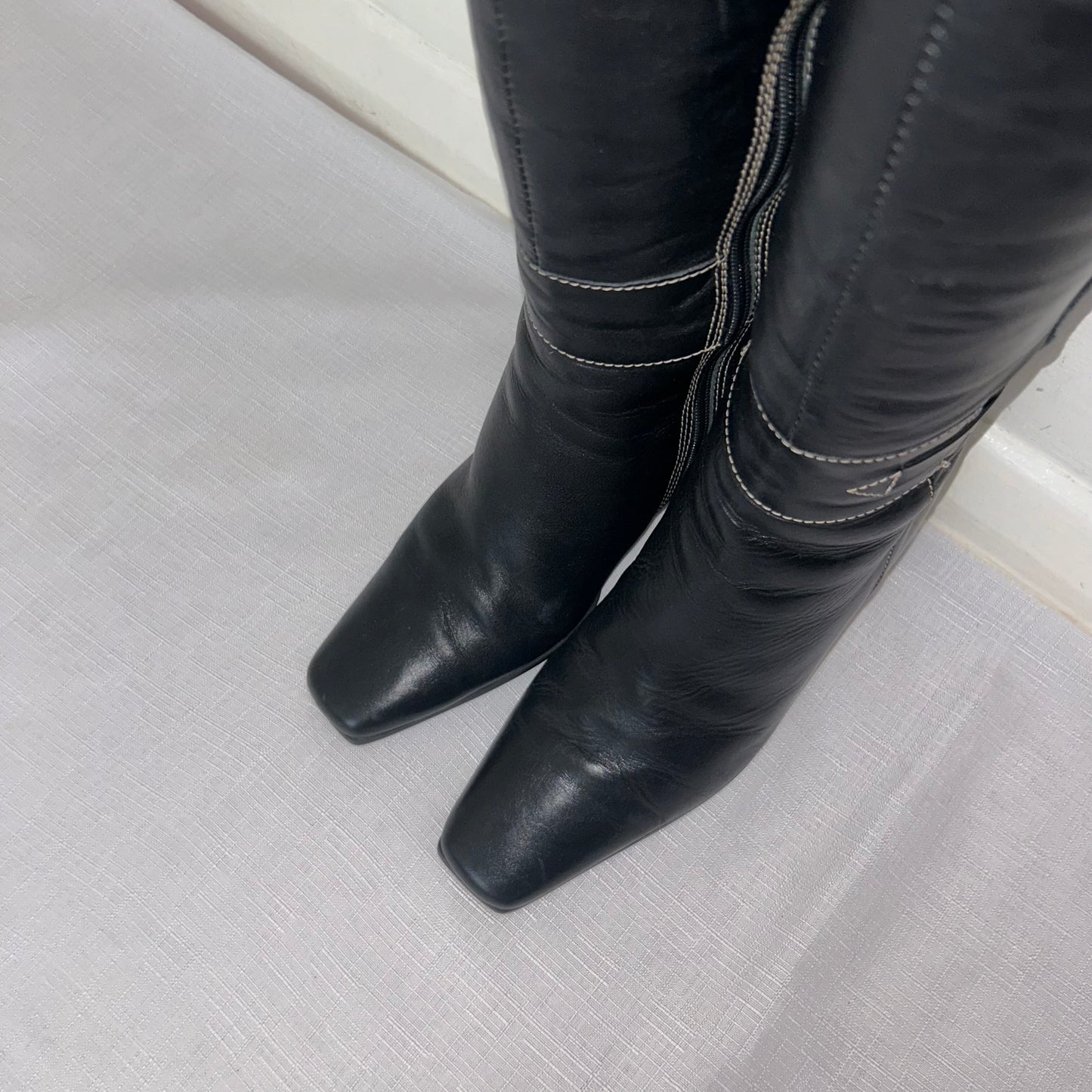 Black Leather Knee High Vintage Boots - UK 3