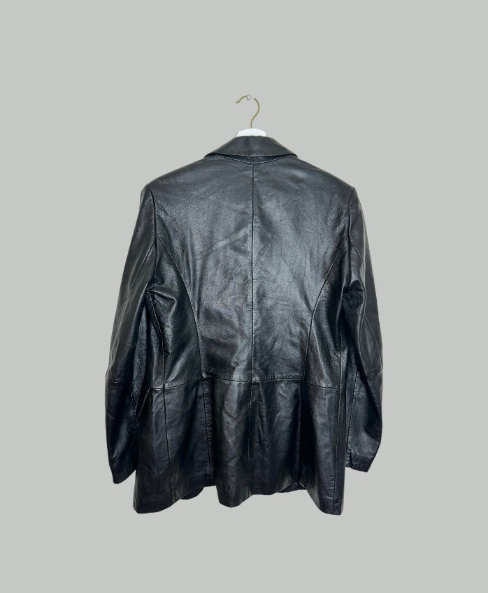 back of a black leather blazer jacket