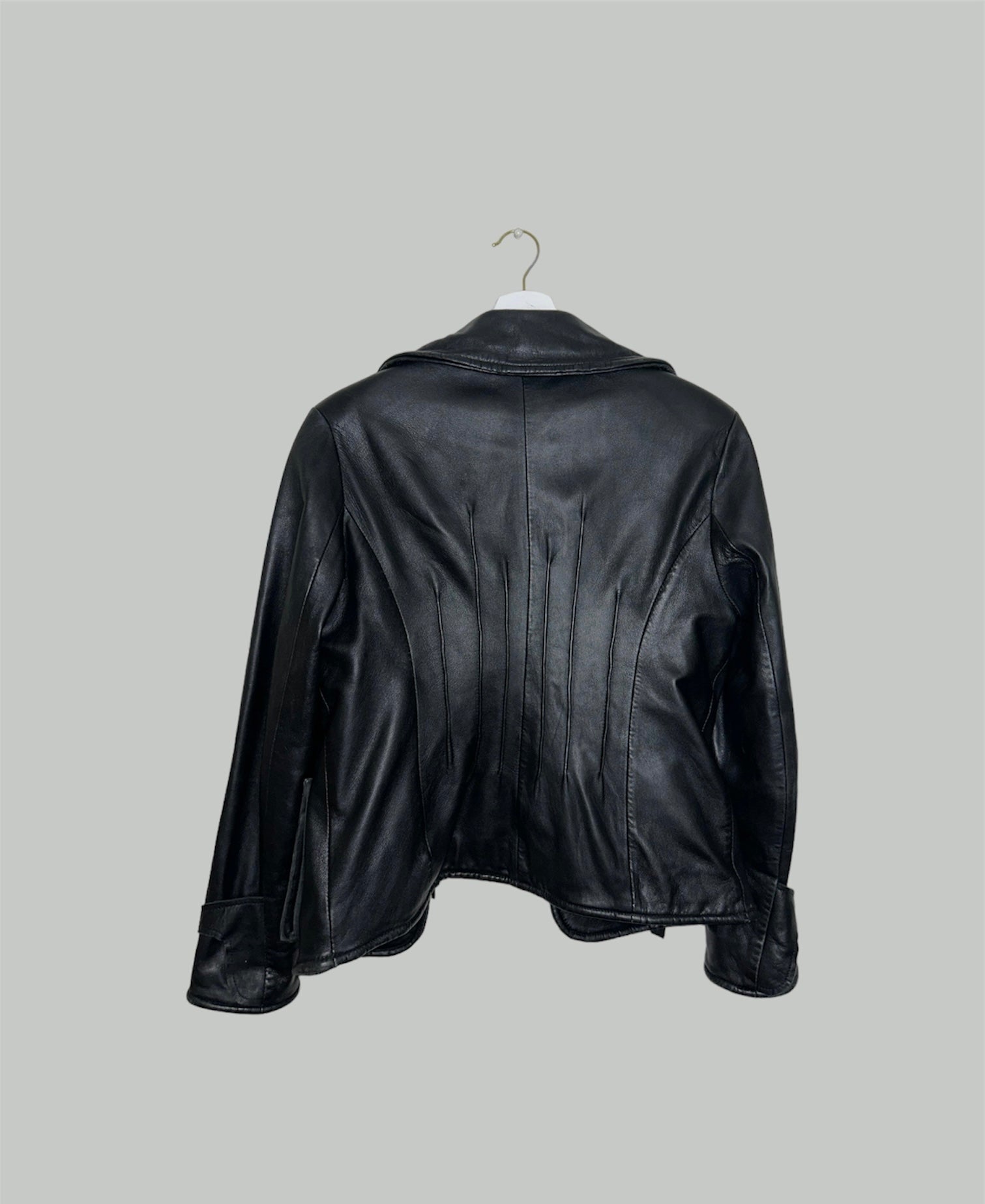 back of a black real leather jacket