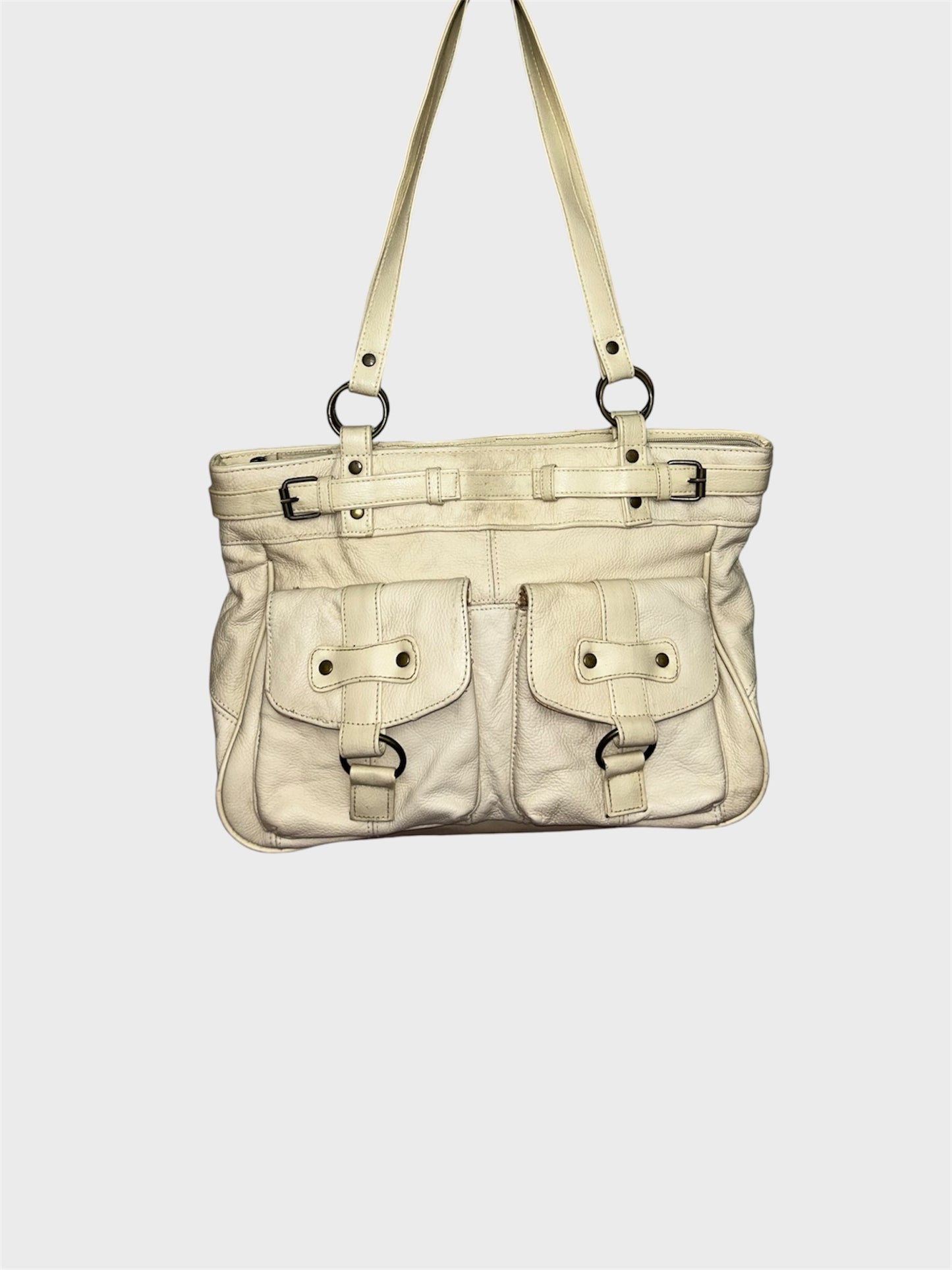 Vintage Beige Leather Buckle Shoulder Bag