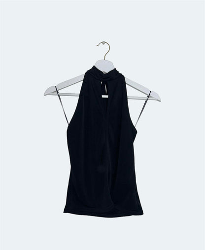 front of black halterneck vintage top