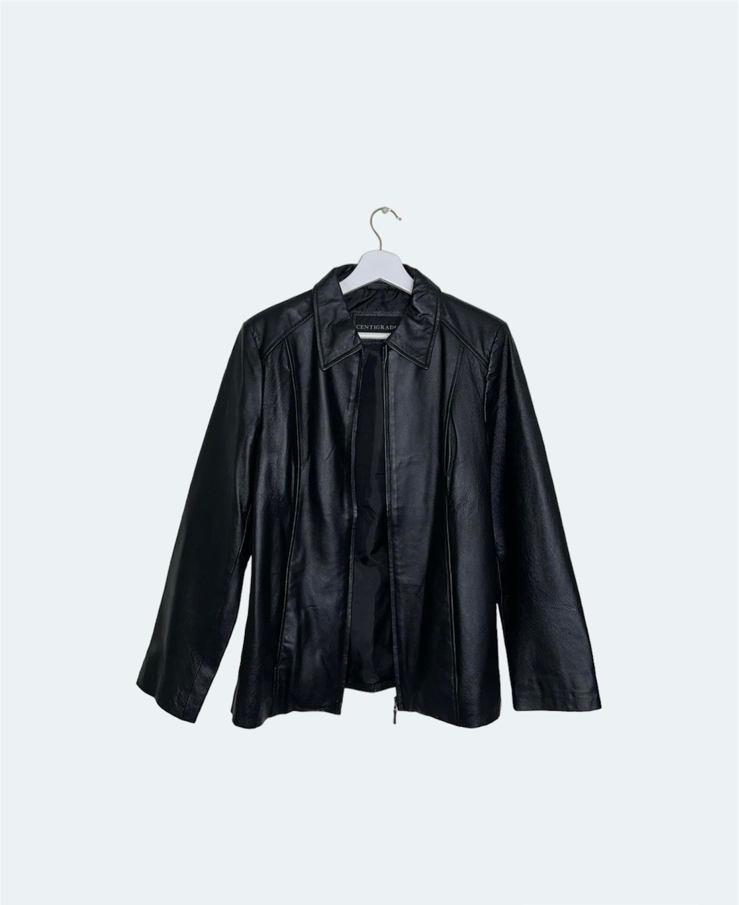 front of black leather bomber jacket