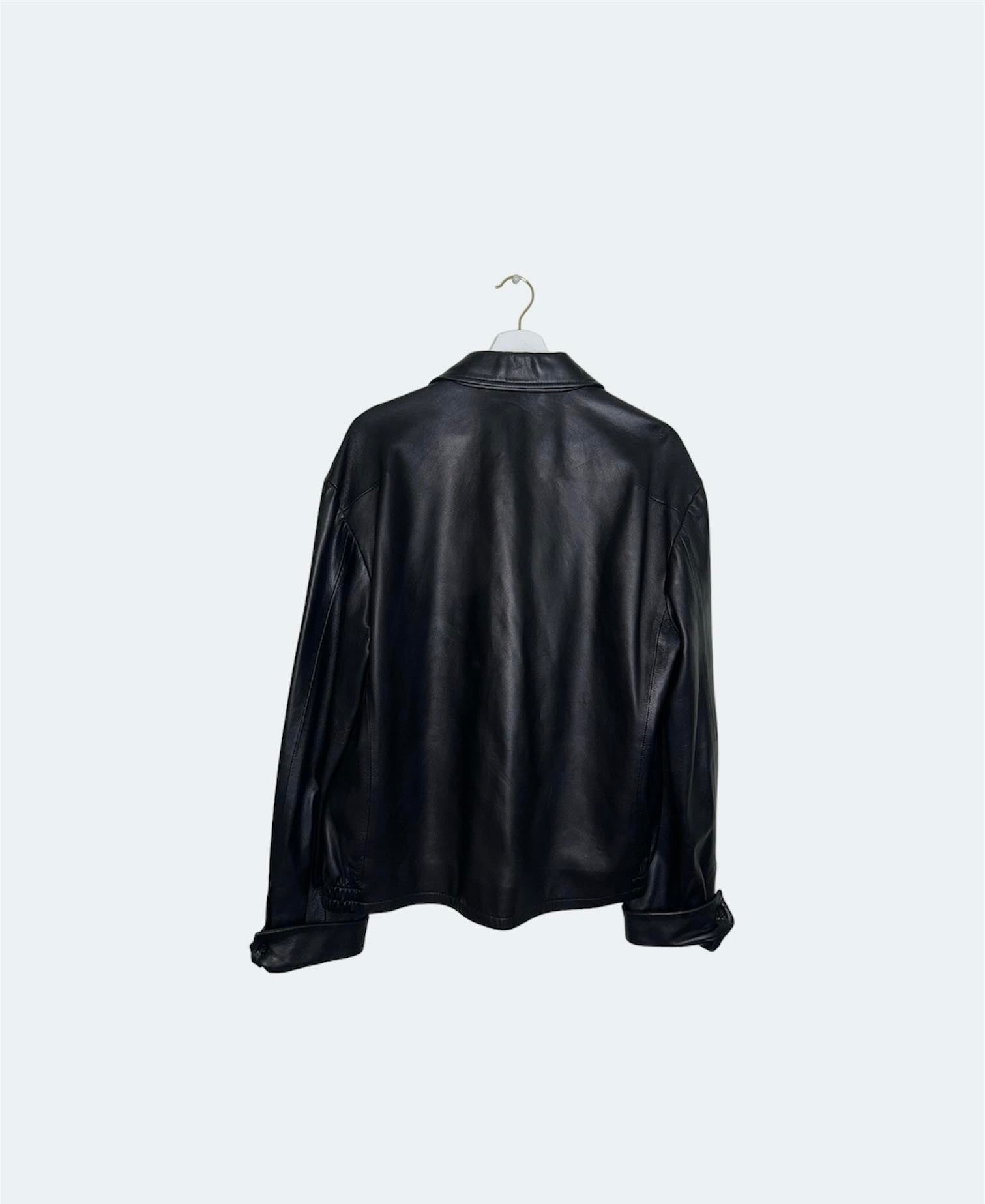 back of vintage oversized black leather bomber jacket