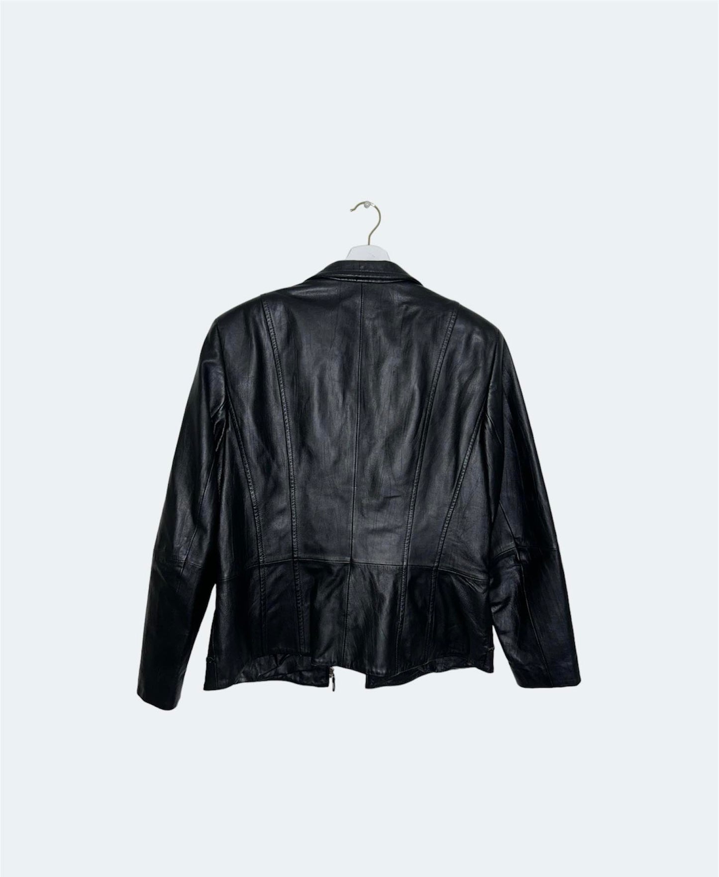 back of black leather vintage bomber jacket