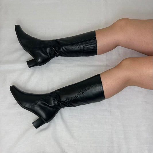 Vintage Real Leather Knee High Black Boots - UK 4.5
