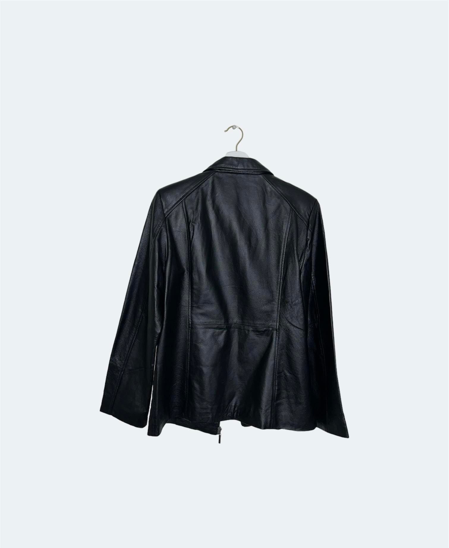 back of black vintage leather bomber jacket