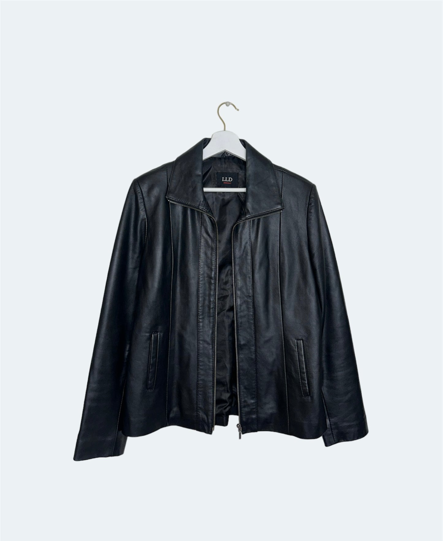 front of black leather bomber jacket 