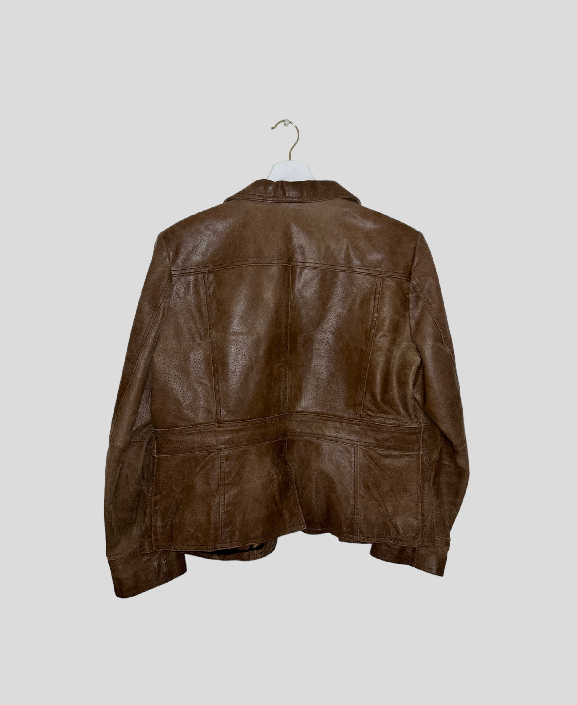 back of brown leather blazer jacket