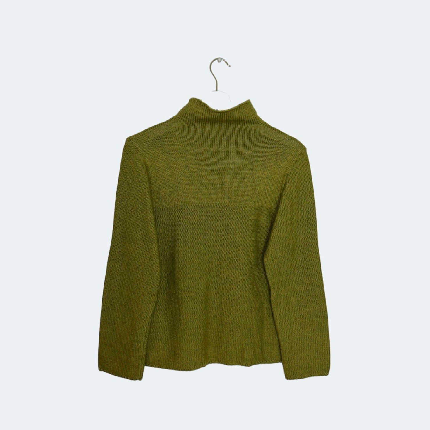 front of green high neck knit jumper shown on a  white background