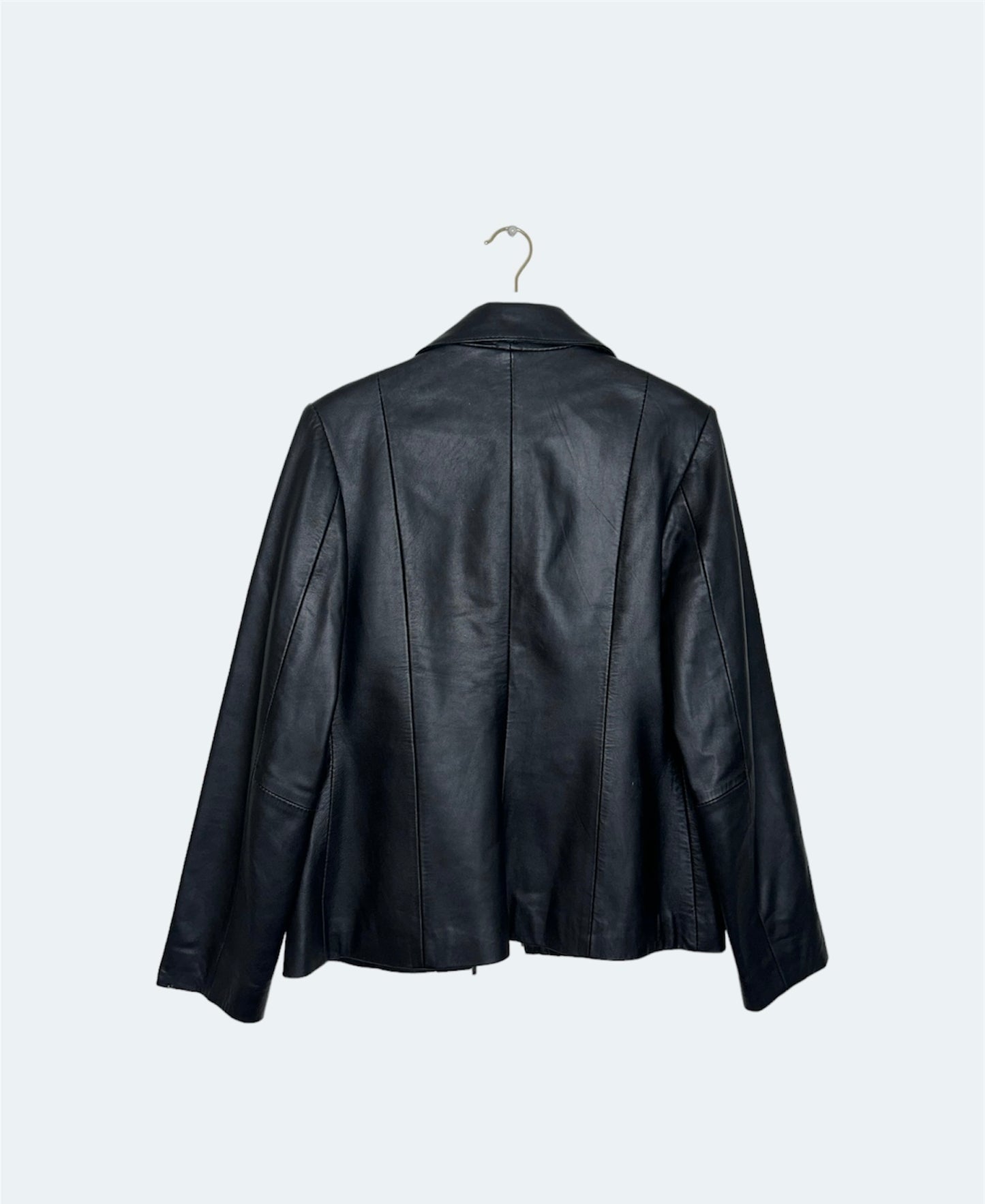 back of black leather bomber jacket 