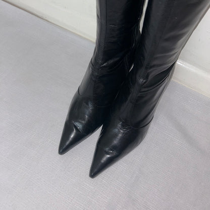 Black Leather Vintage Knee High Boots - UK 6