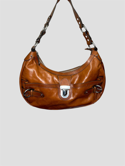 Tan Brown Leather Vintage Baguette Shoulder Bag