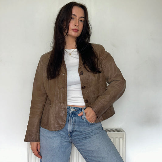 Tan Brown Vintage Leather Blazer Jacket