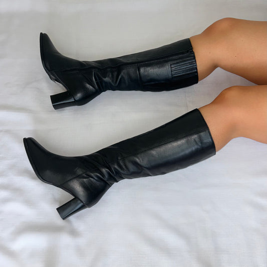 Vintage Black Leather Knee High Boots - UK 5