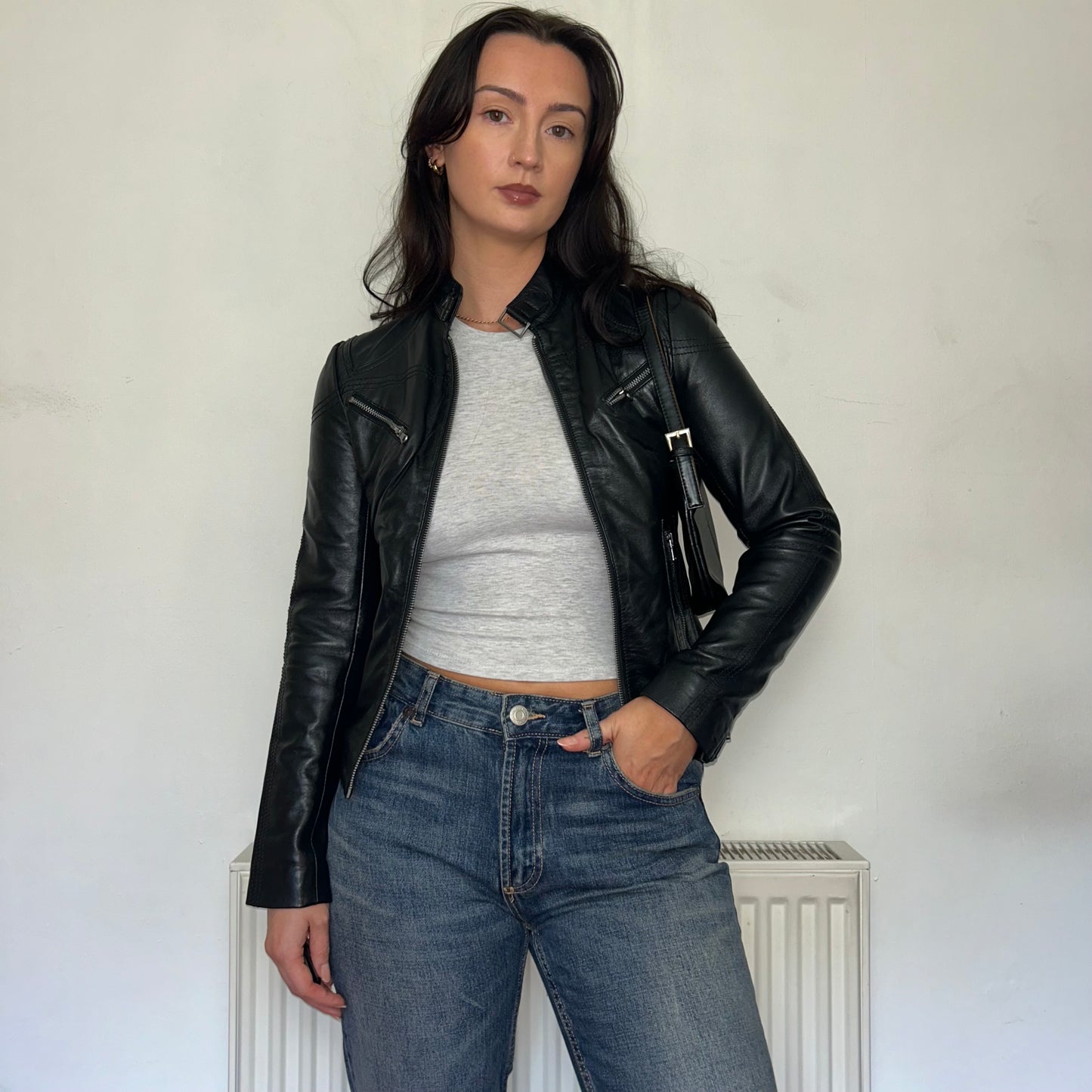 Black Leather Moto Bomber Jacket Vintage