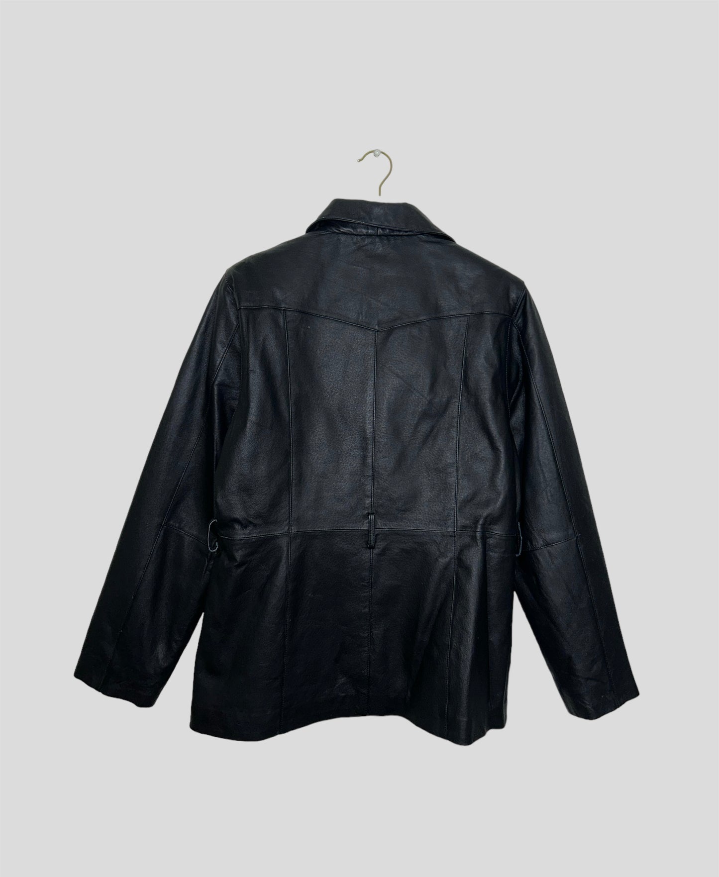 back of black zip up leather bomber jacket