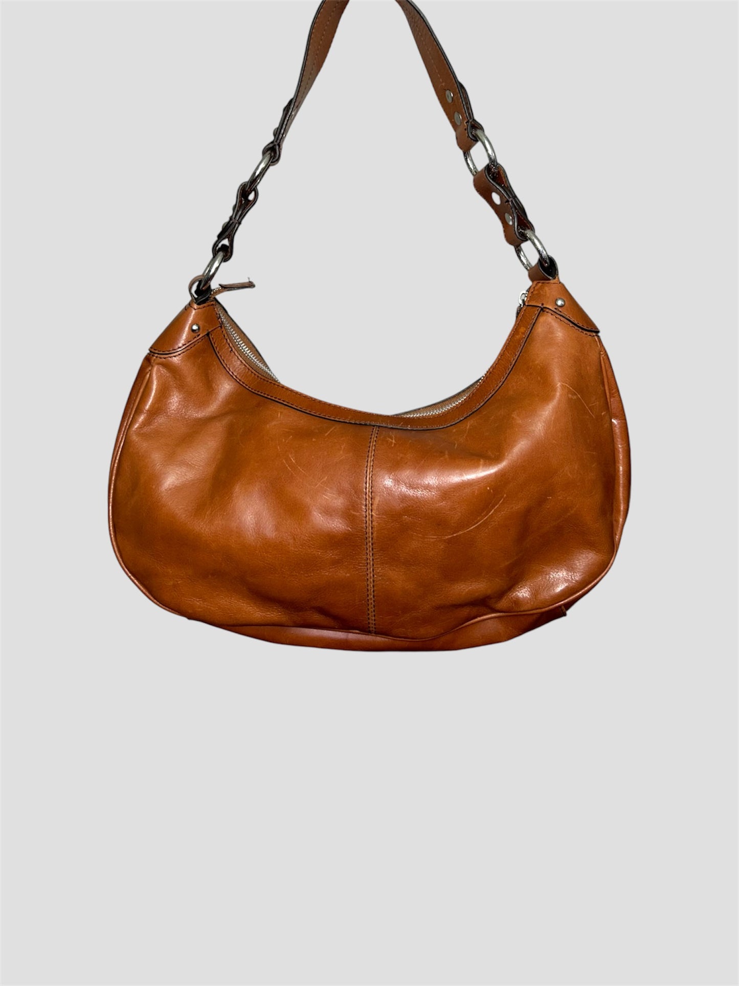 Tan Brown Leather Vintage Baguette Shoulder Bag