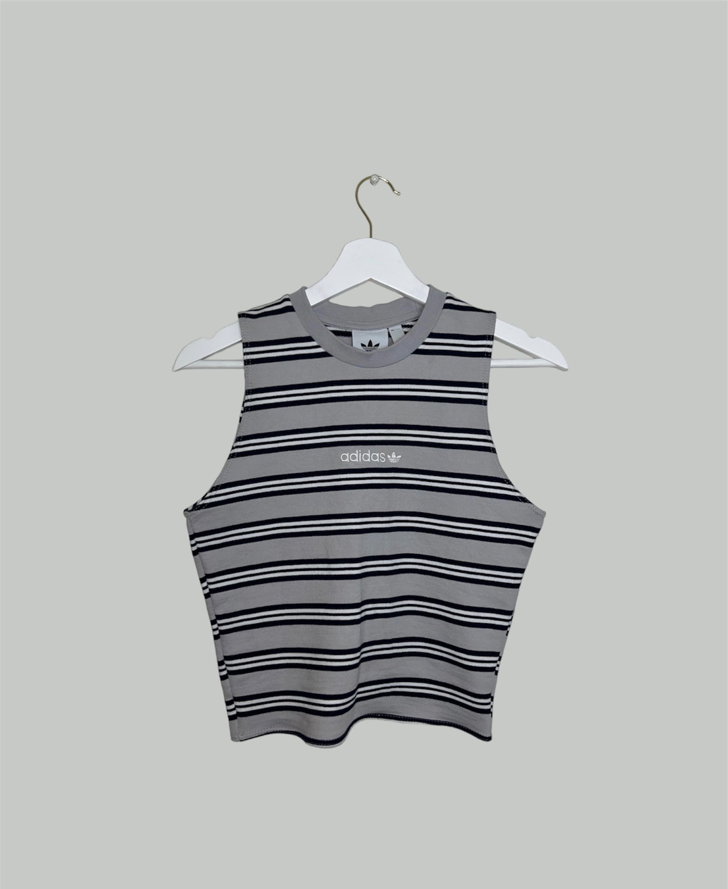 grey stripe sleeveless crop top with white adidas logo