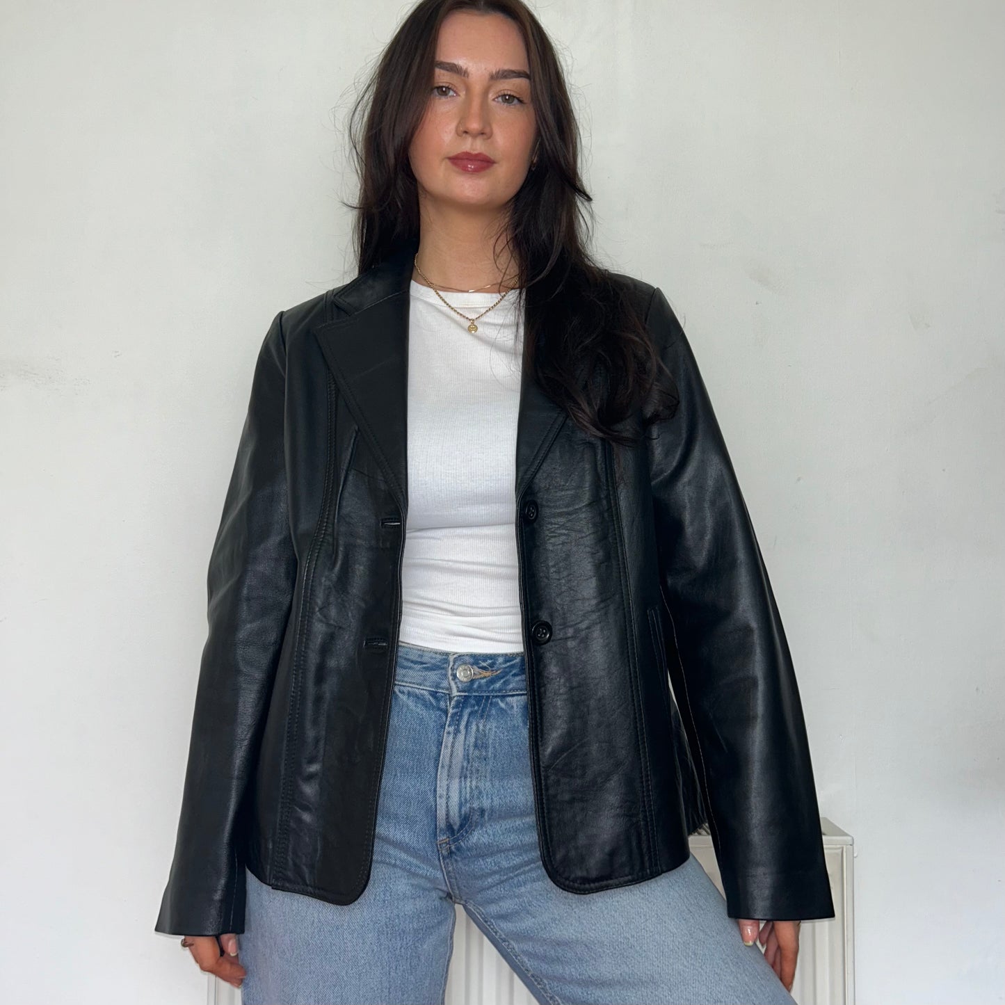 Black Vintage Leather Blazer Jacket