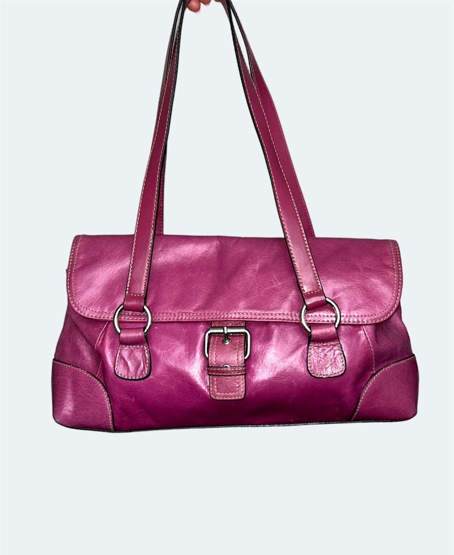 front of pink leather vintage bag 