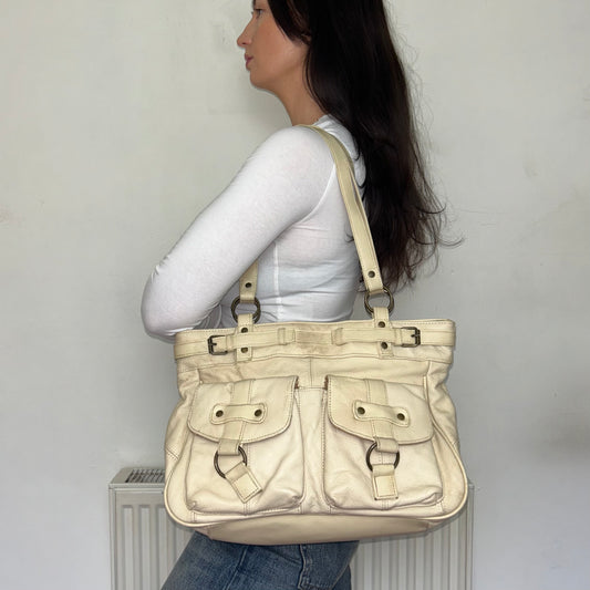 Vintage Beige Leather Buckle Shoulder Bag