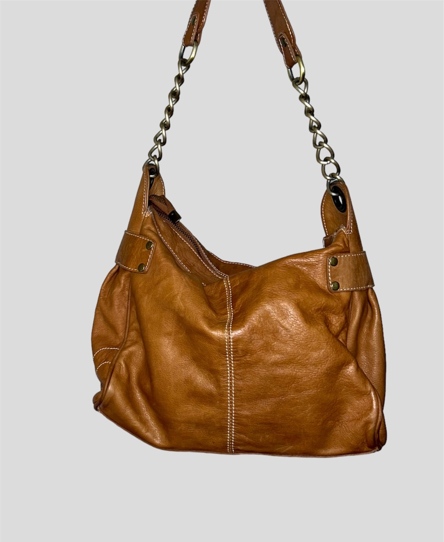 back of tan brown leather shoulder bag 