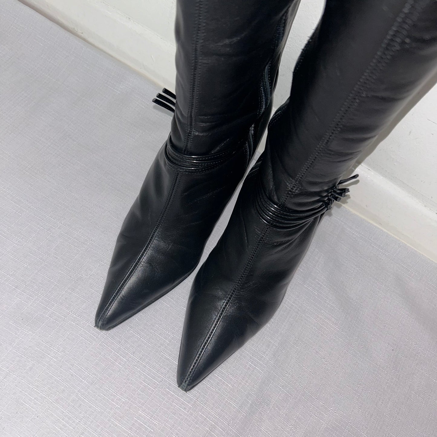 Vintage Black Leather Knee High Boots - UK 5