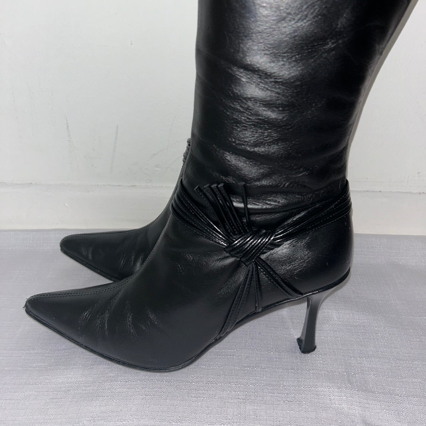 Vintage Black Leather Knee High Boots - UK 5