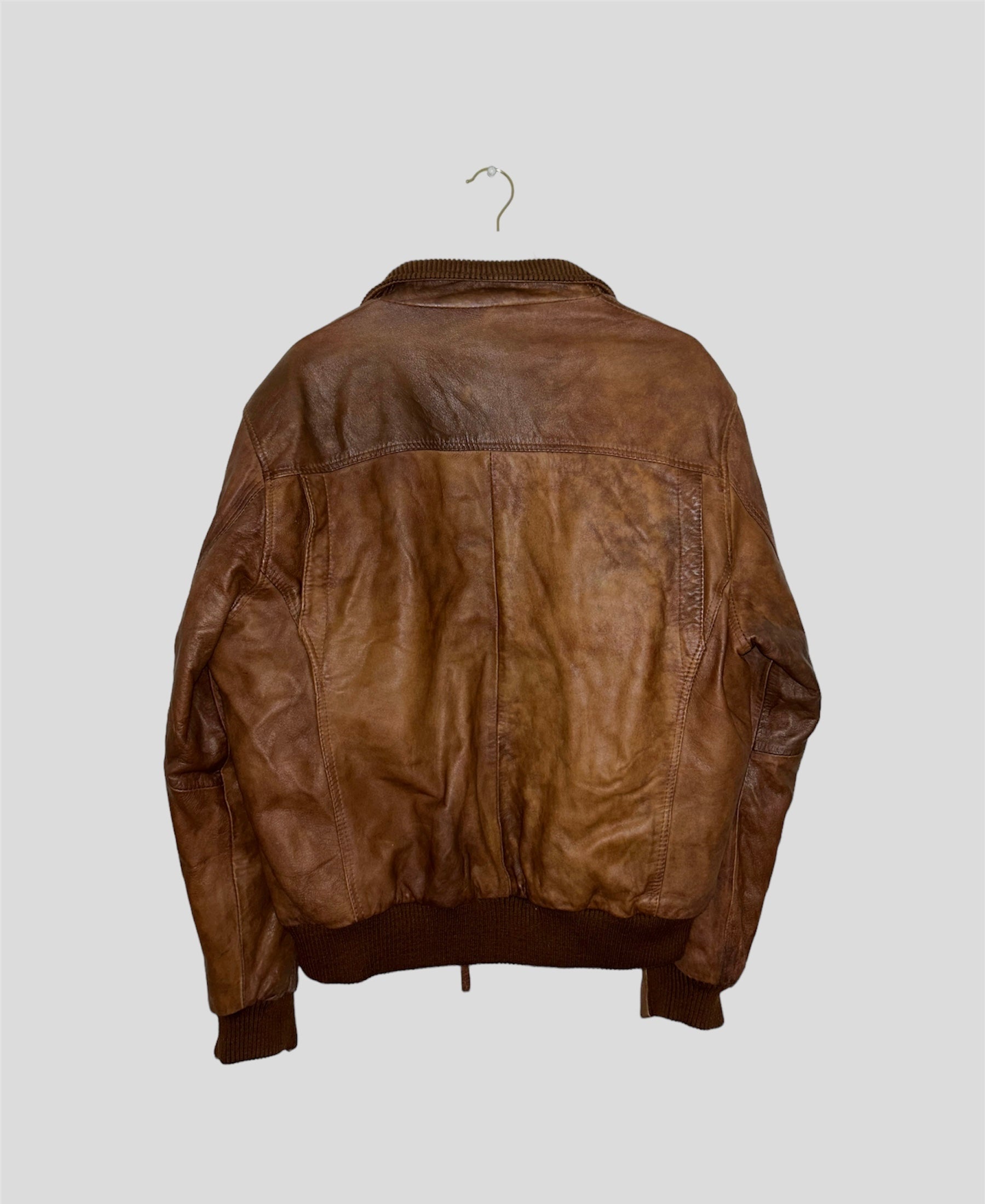 back of tan brown leather jacket 