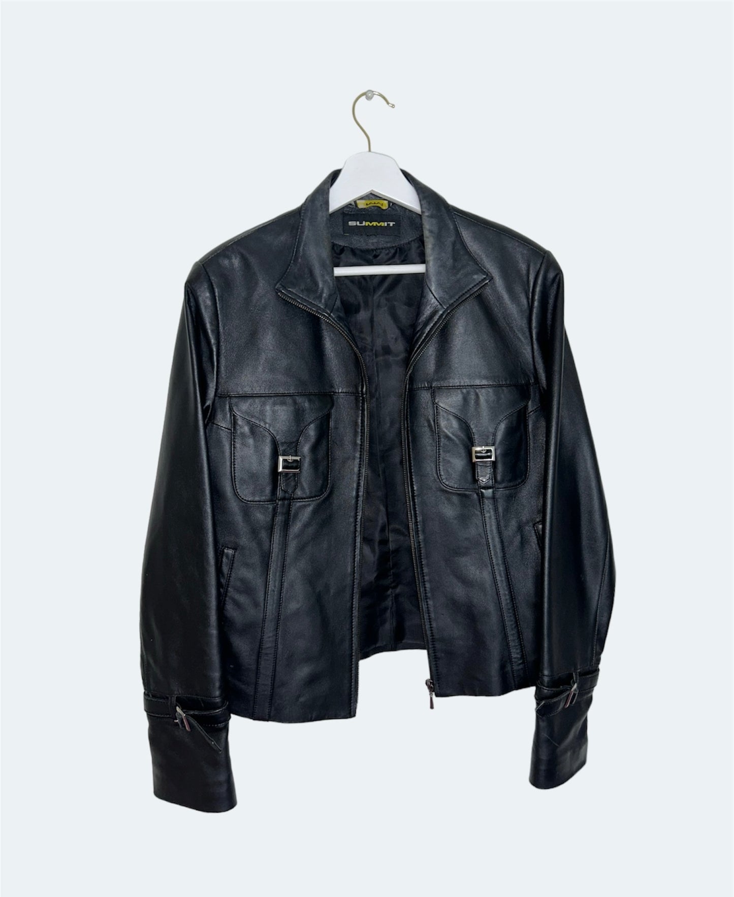 front of black leather buckle bomber jacket