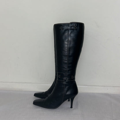 Black Leather Knee High Vintage Boots - UK 3