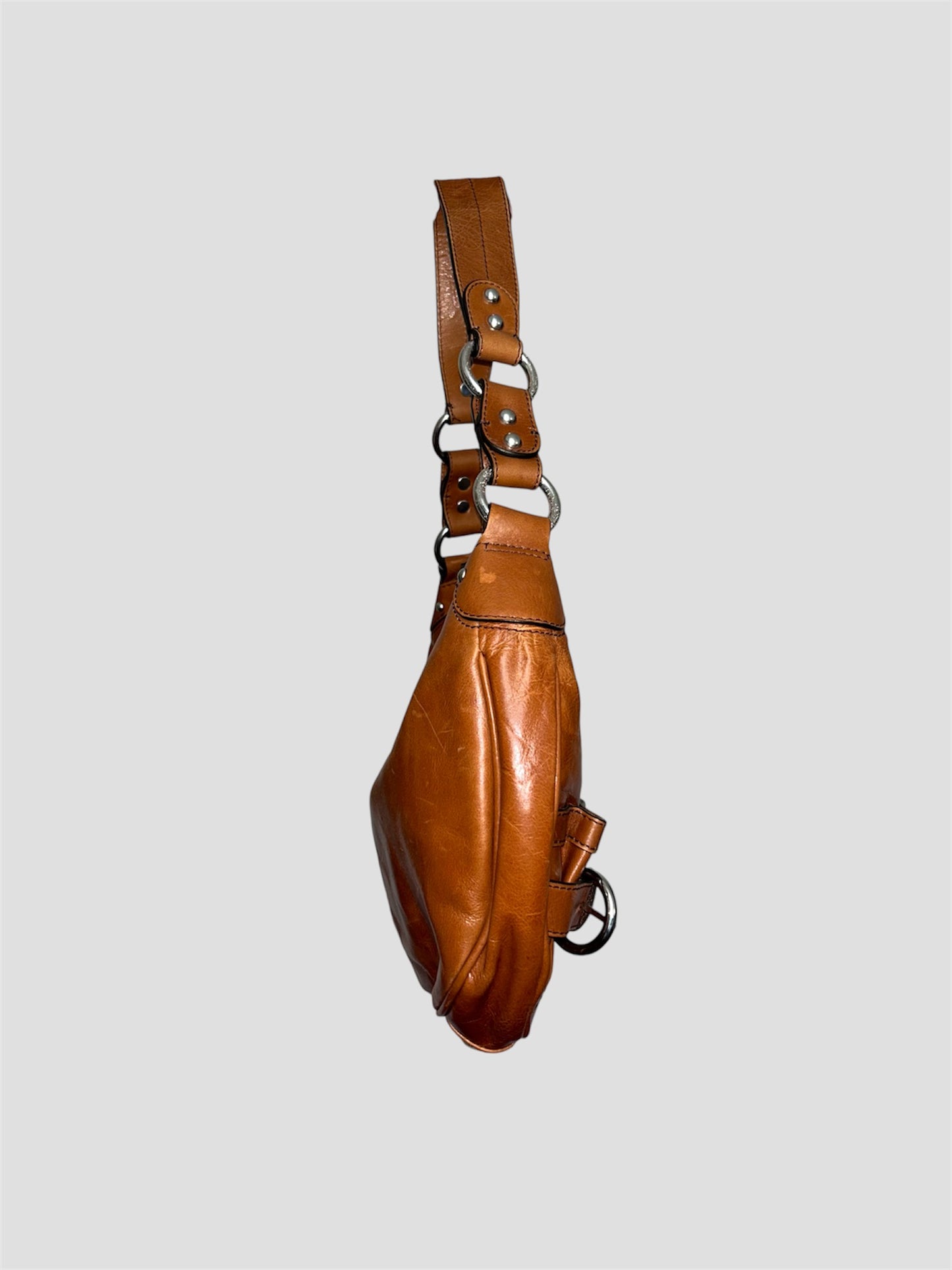 Tan Brown Leather Vintage Baguette Shoulder Bag