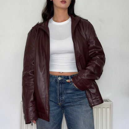 Burgundy Red Leather Vintage Bomber Jacket