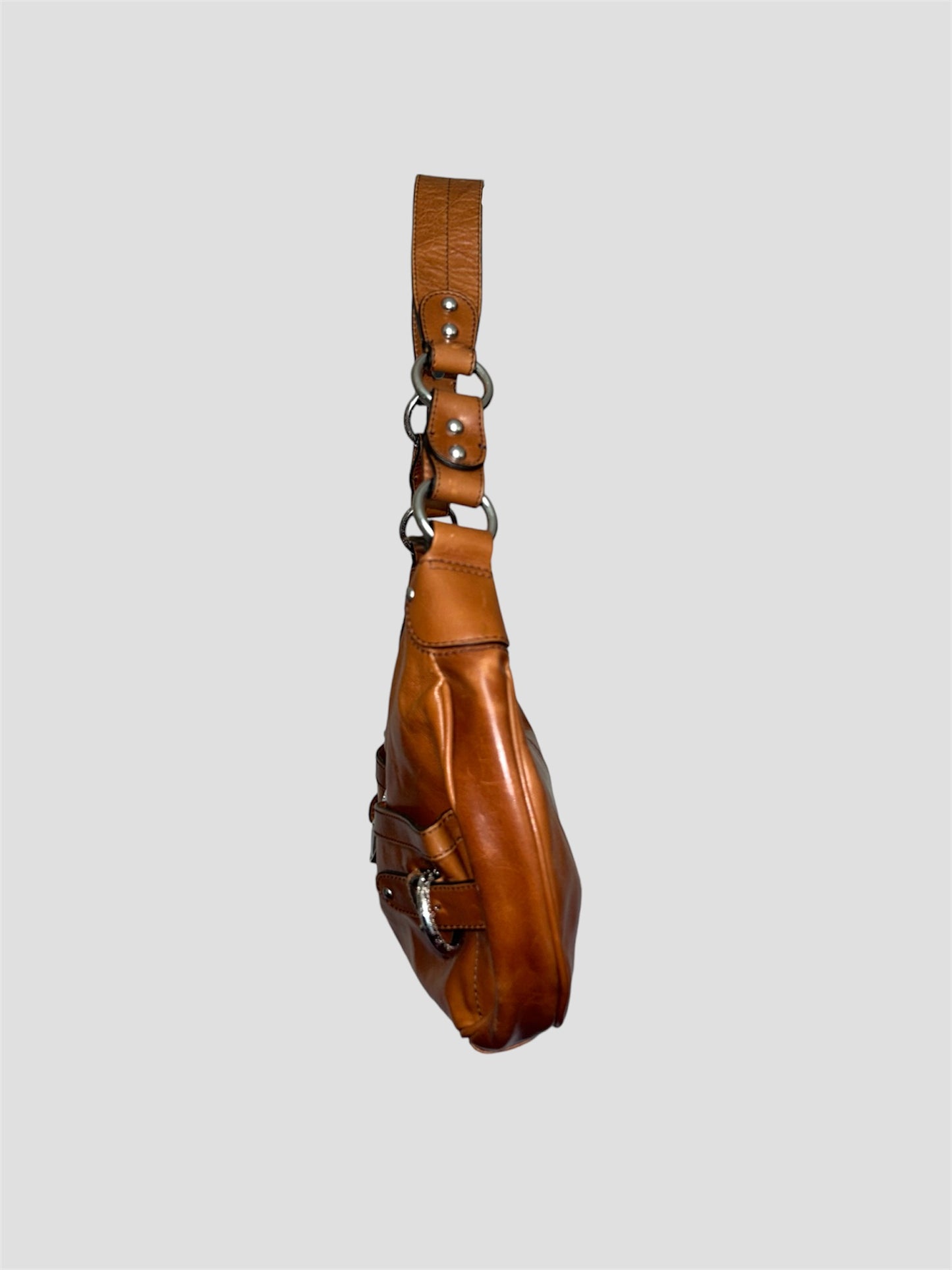 Tan Brown Leather Vintage Baguette Shoulder Bag