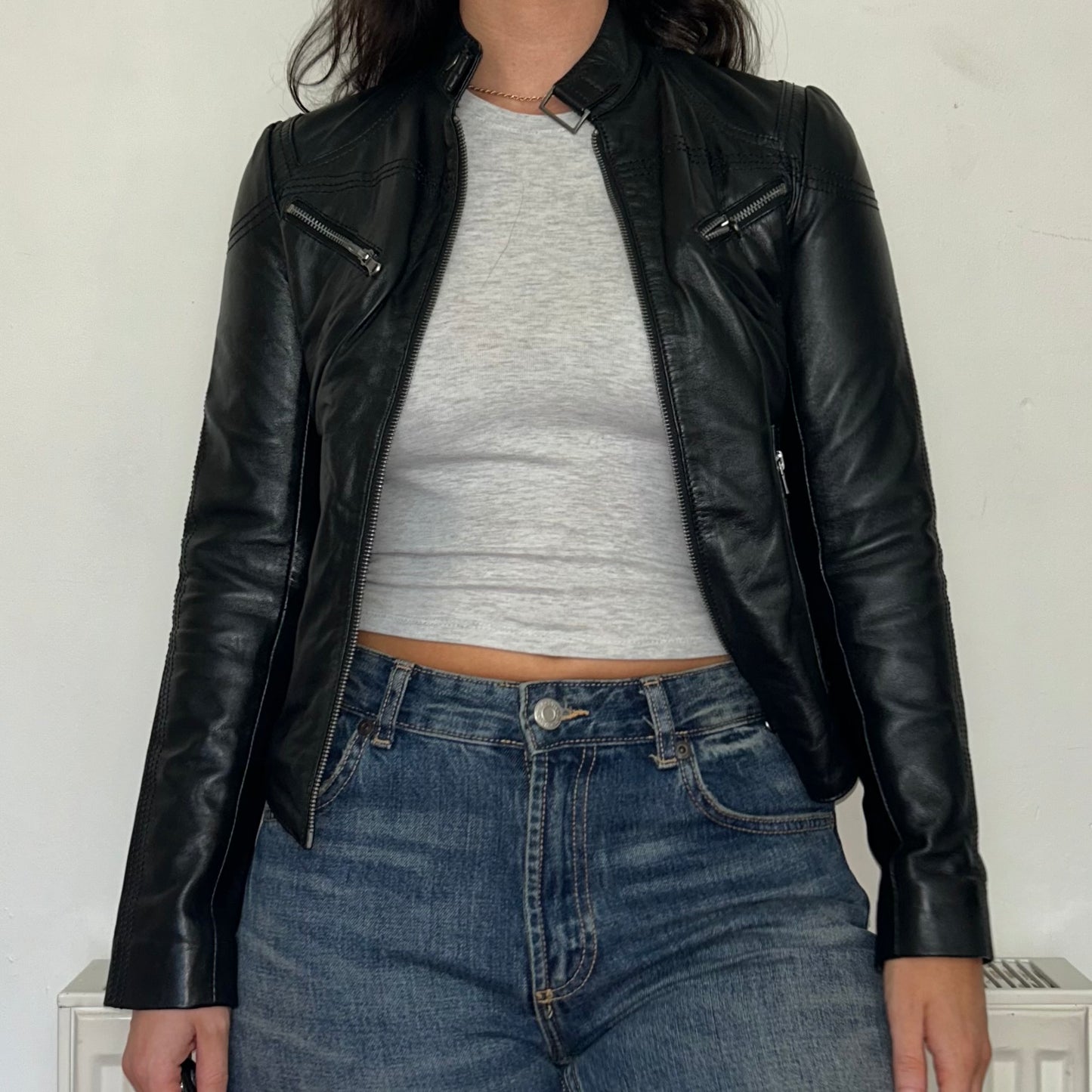 Black Leather Moto Bomber Jacket Vintage