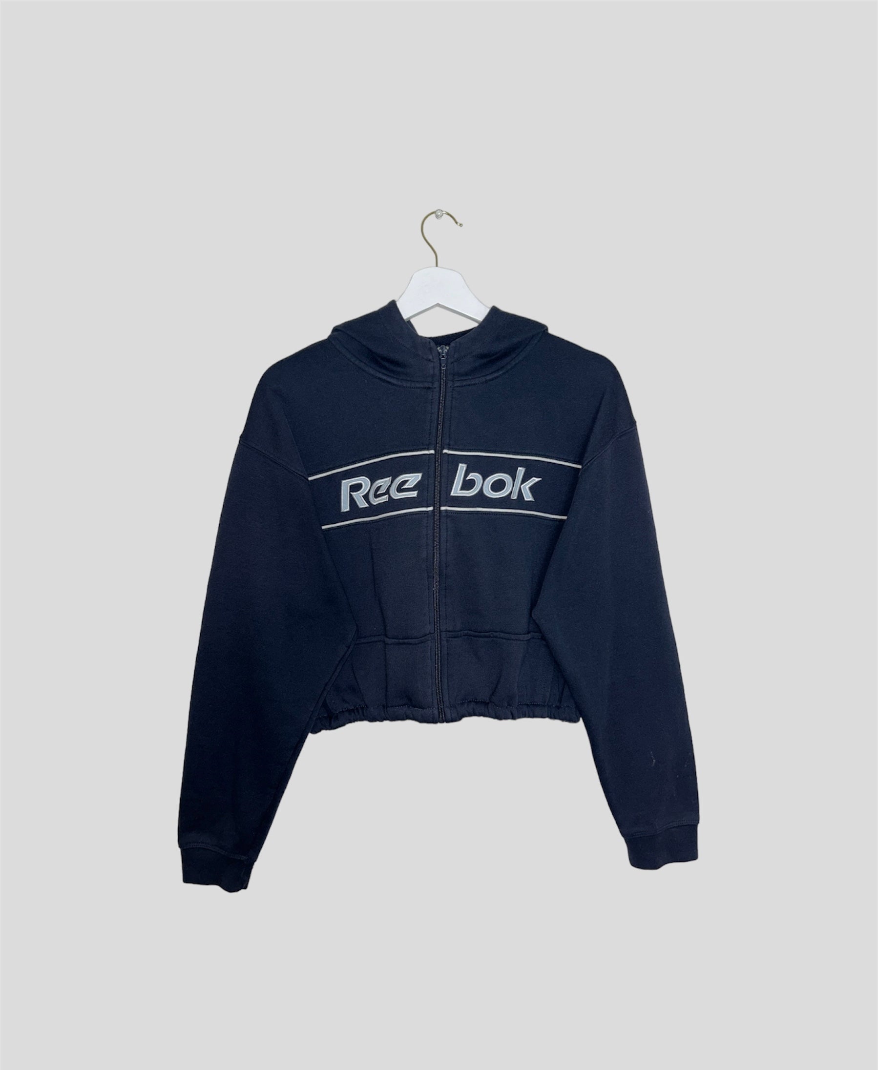 navy cropped hoodie with white reebok logo