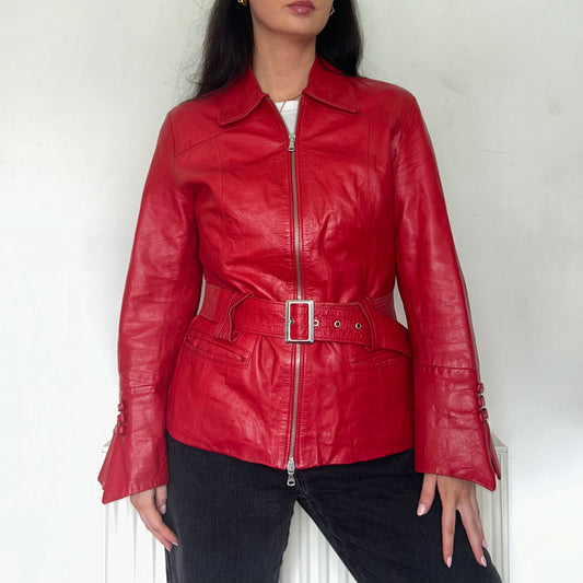 red leather bomber jacket shown on a model wearing black jeans