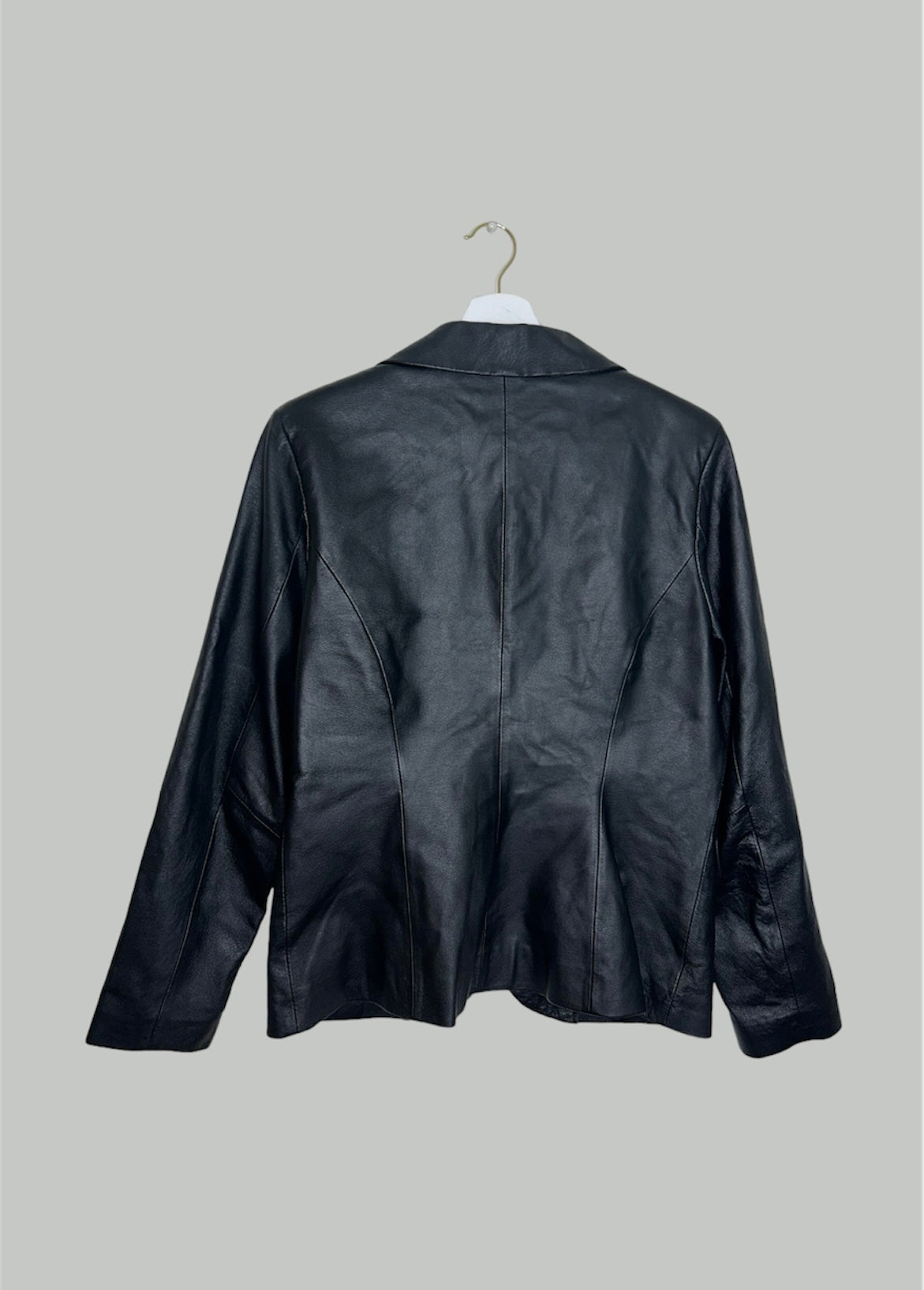 back of a black leather blazer jacket 