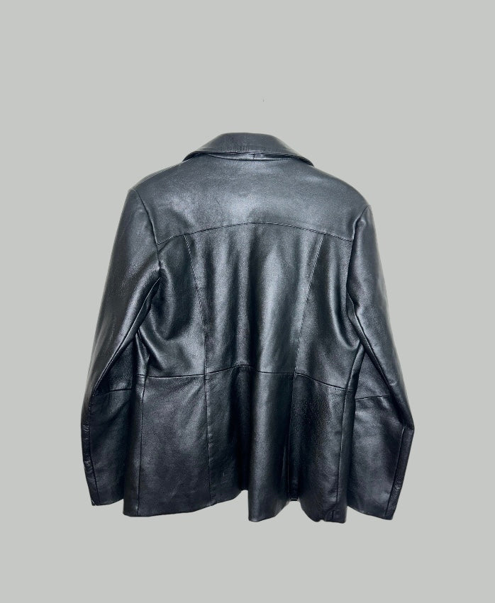 back of black zip up leather jacket
