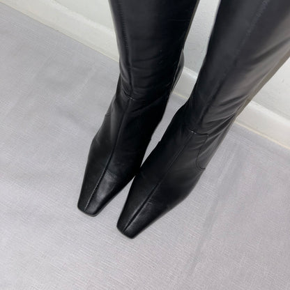 Vintage Black Leather Knee High Boots - UK 6