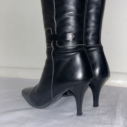 Black Leather Knee High Vintage Boots - UK 3