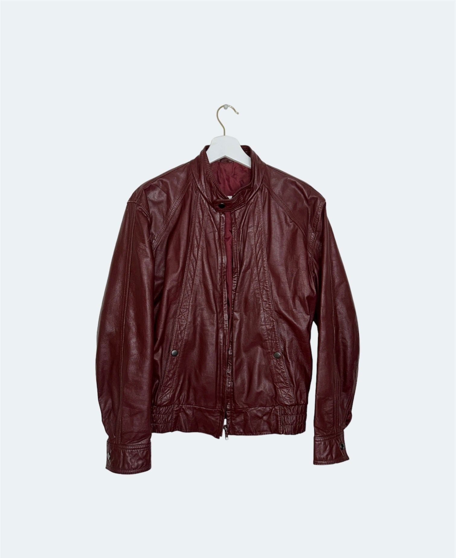 front of burgundy vintage leather jacket