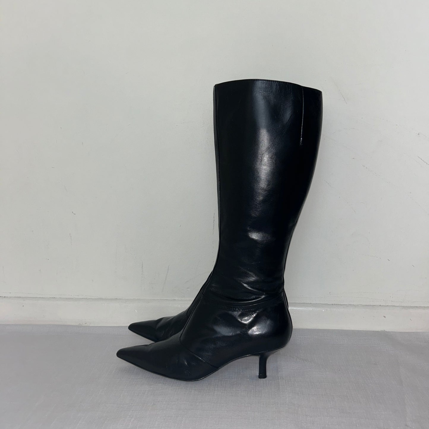 Black Leather Vintage Knee High Boots - UK 6