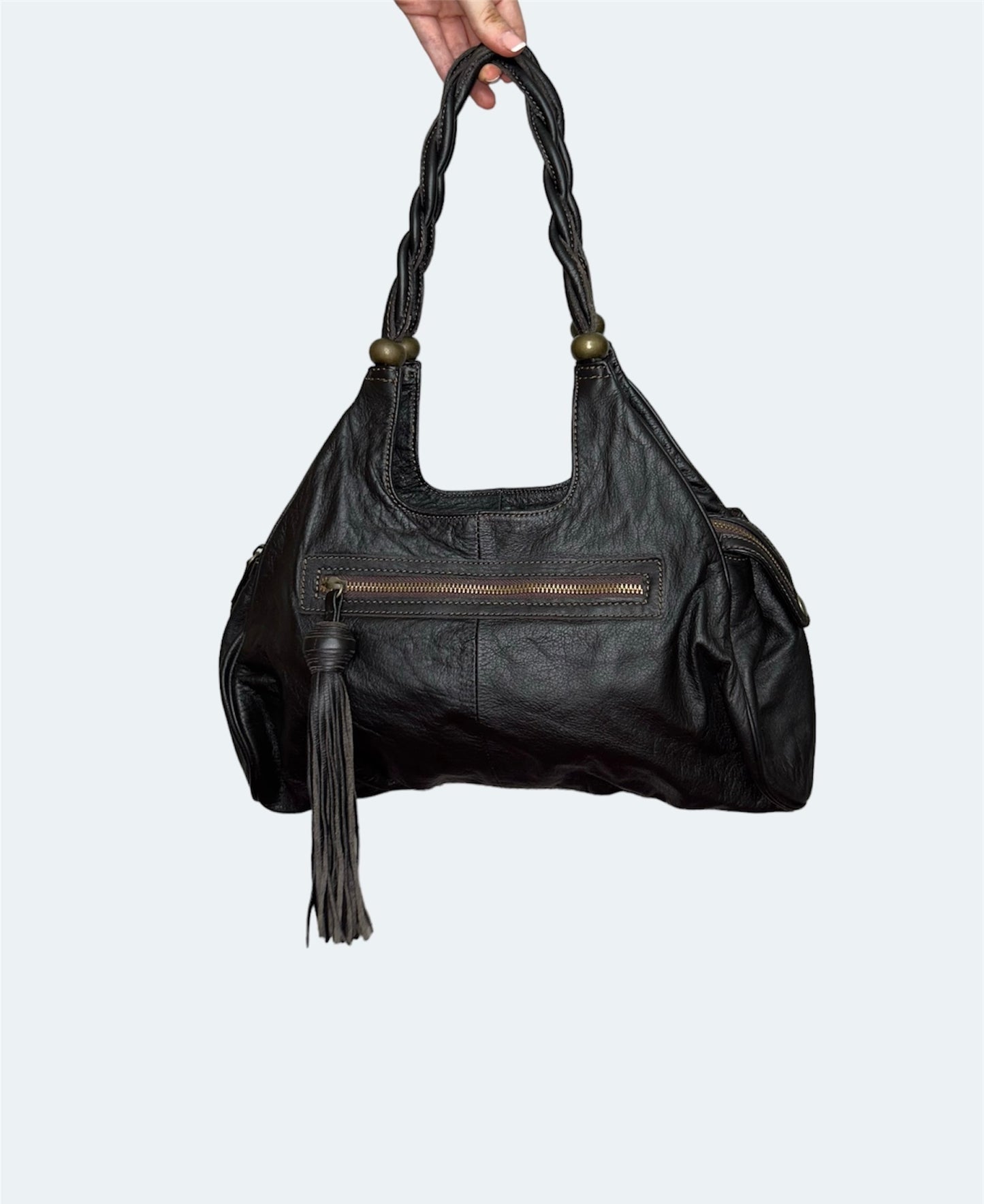 front of dark brown leather shoulder bag