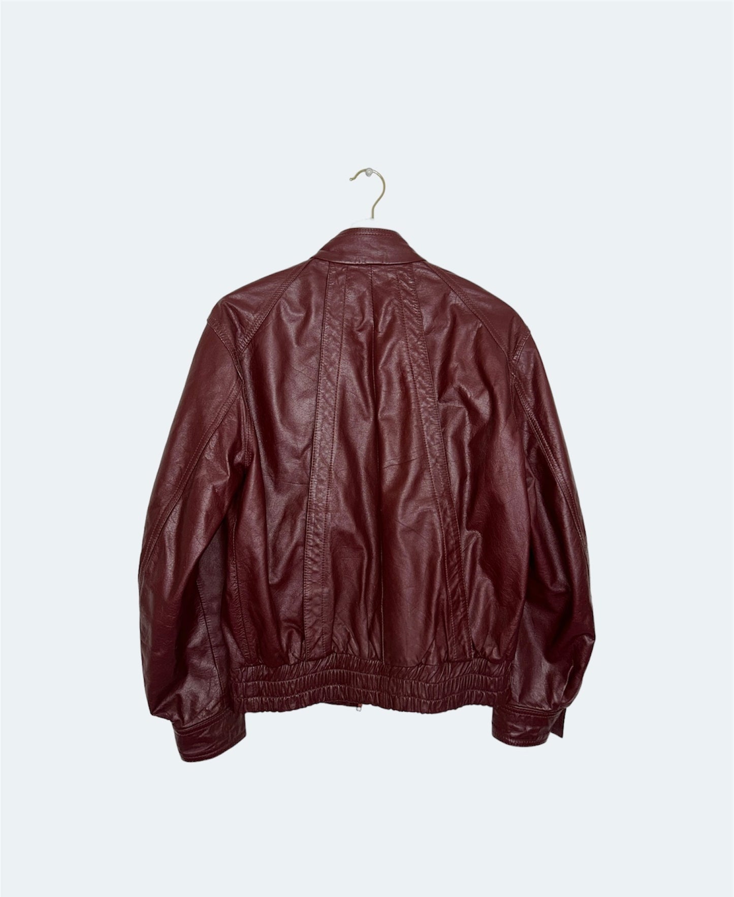 back of burgundy vintage leather jacket