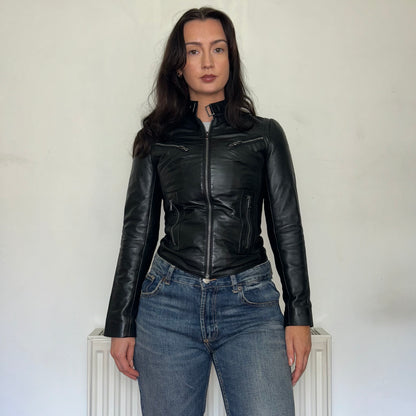 Black Leather Moto Bomber Jacket Vintage