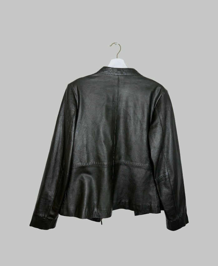 back of khaki leather bomber jacket