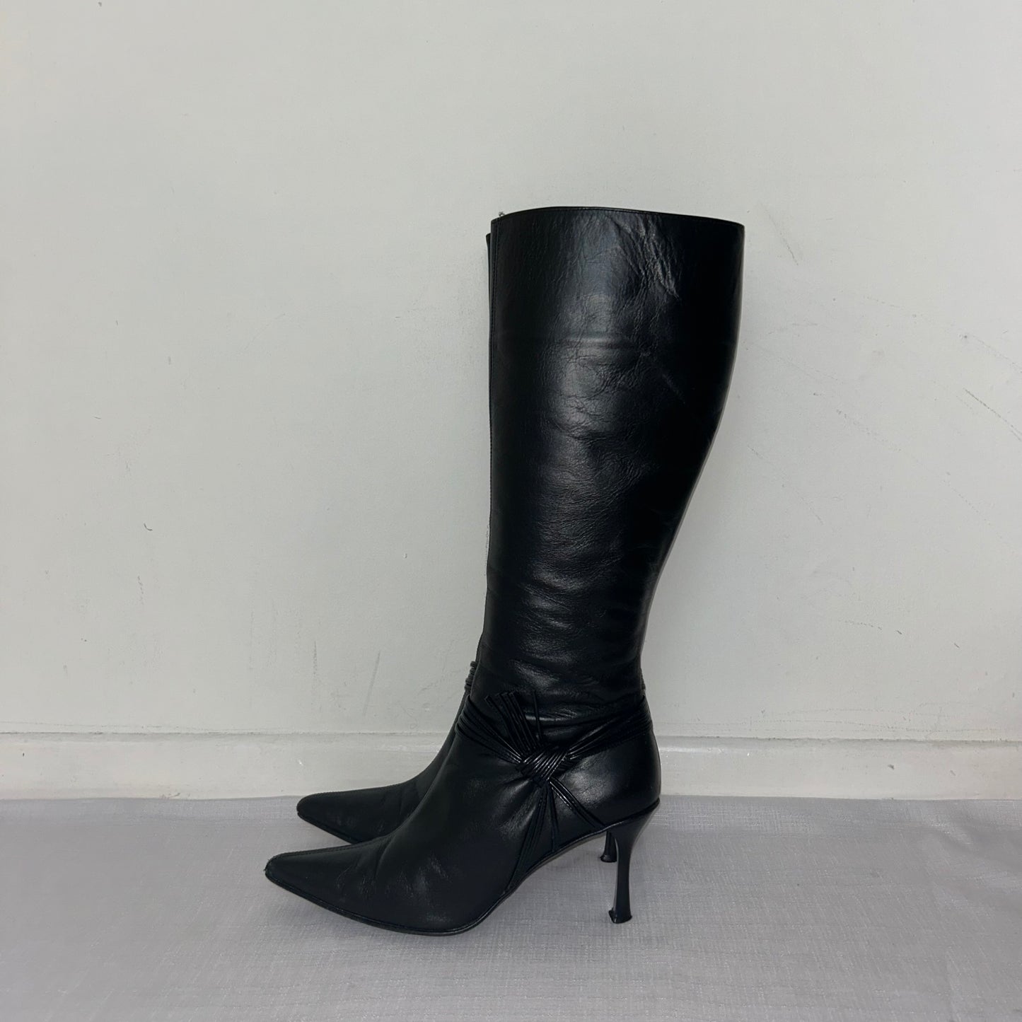 Vintage Black Leather Knee High Boots - UK 5